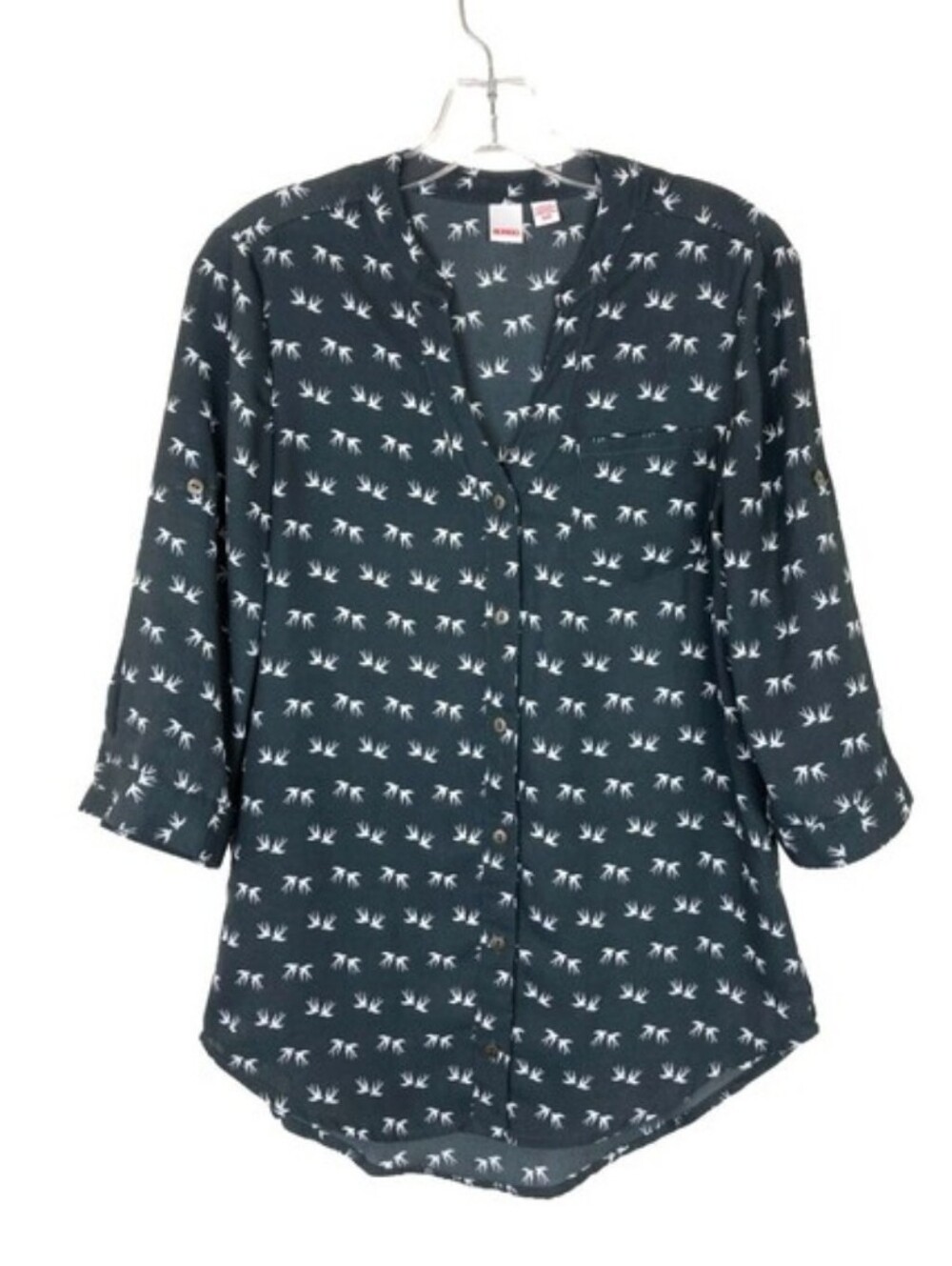 BONGO Womens Button Up Blouse Size S Gray Swallow Bird Print 3/4 Roll Tab Sleeve